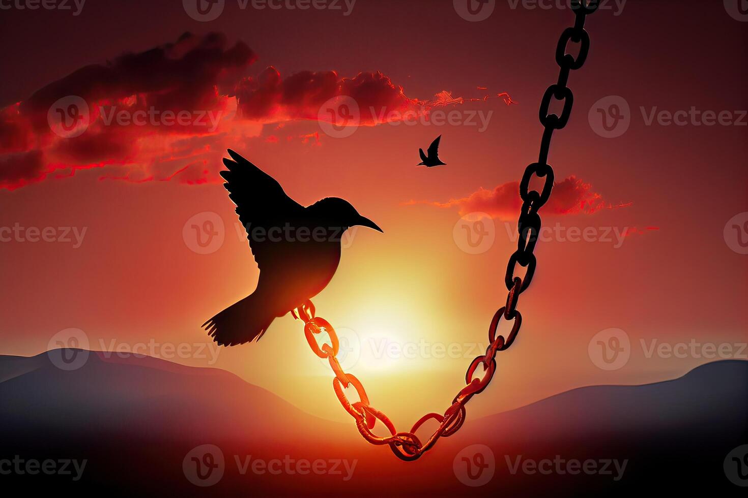Concept of liberty found, with chains breaking and turning into a dove flying off at sunset. Freedom concept Silhouette of bird flying and broken chains. photo