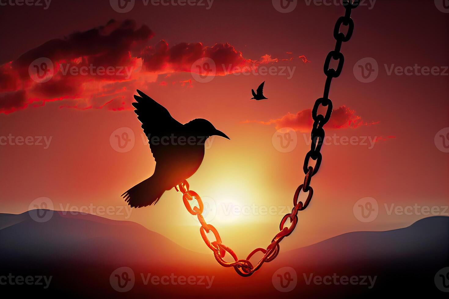 concepto de libertad encontró, con cadenas rotura y torneado dentro un paloma volador apagado a puesta de sol. libertad concepto silueta de pájaro volador y roto cadenas generativo ai foto