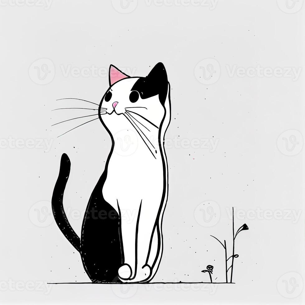 illustration line drawing. Cat sitting with curled tail. Cartoon cat or kitten. . photo