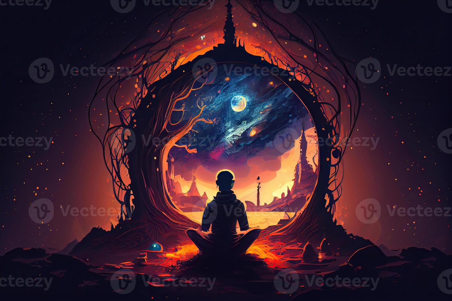 illustration of man meditation. person sitting on universe meditating over the ocean with Milky Way background, back view. photo