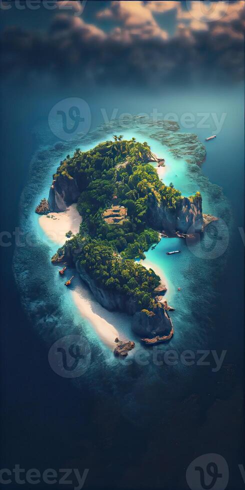 Aerial drone top view photo of small exotic atoll island with deep turquoise and emerald open ocean sea. Drone Photo of Beautiful view of floating island top view.