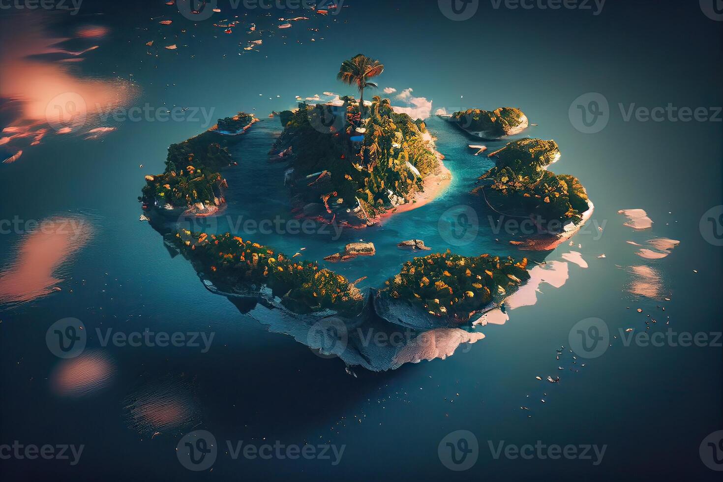 Aerial drone top view photo of small exotic atoll island with deep turquoise and emerald open ocean sea. Drone Photo of Beautiful view of floating island top view.
