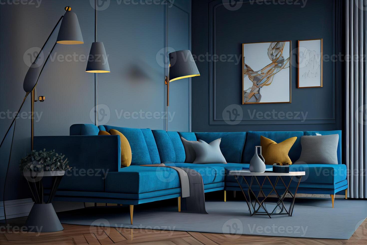 lujo vivo habitación en un casa con moderno interior diseño, azul sofá, café mesa, puff, azul decoración, planta, lámpara, alfombra, burlarse de arriba póster marco y elegante accesorios. modelo. generativo ai foto