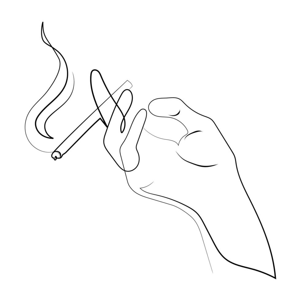 Cigarette with smoke in human hand One line drawing vector illustration.Sketch drawing hand holding cigarette between fingers simple design element