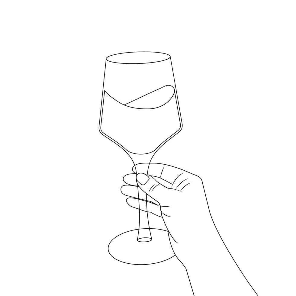 Female hand holding a glass with red wine. Line art vector