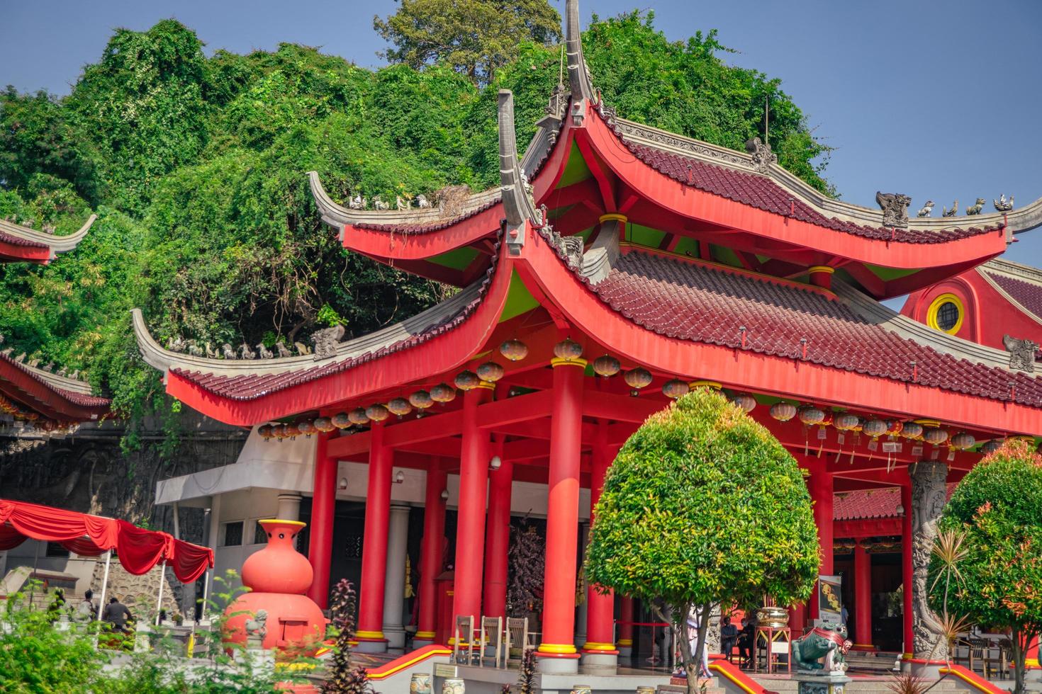 Chinese temple with guardian statue when chinese new year celebration. The photo is suitable to use for chinese new year, lunar new year background and content media.