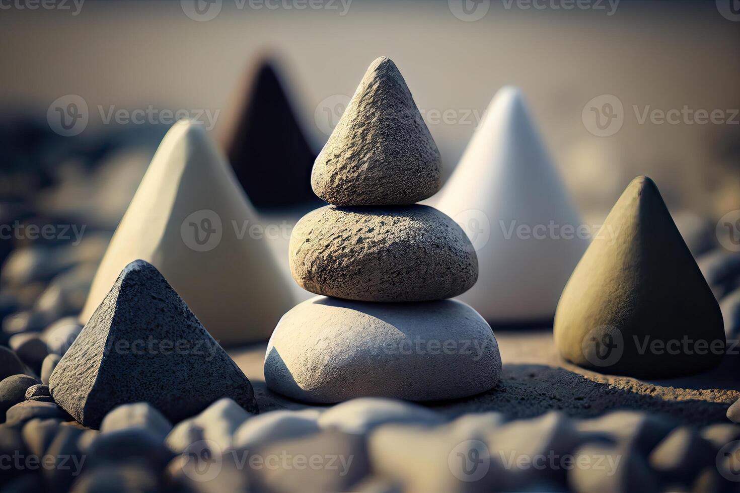 Stones Pyramid shape stacked in the forest. stack of stones forming apache as with a forest in the background. space for text. . photo