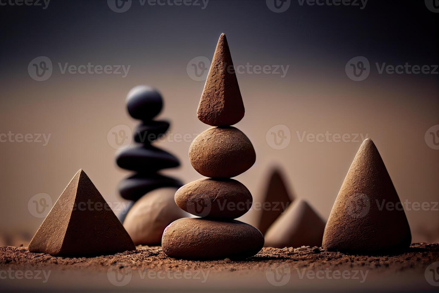 Stones Pyramid shape stacked in the forest. stack of stones forming apache as with a forest in the background. space for text. . photo