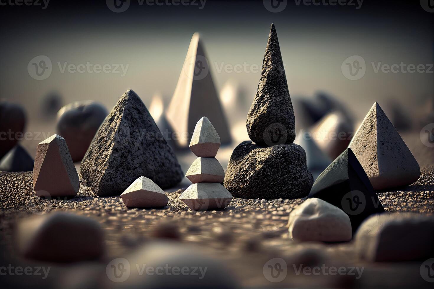 Stones Pyramid shape stacked in the forest. stack of stones forming apache as with a forest in the background. space for text. . photo