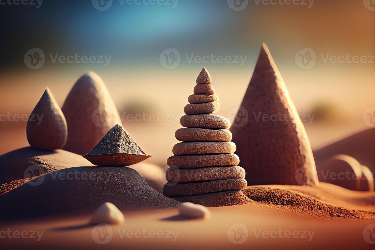Stones Pyramid shape stacked in the forest. stack of stones forming apache as with a forest in the background. space for text. . photo