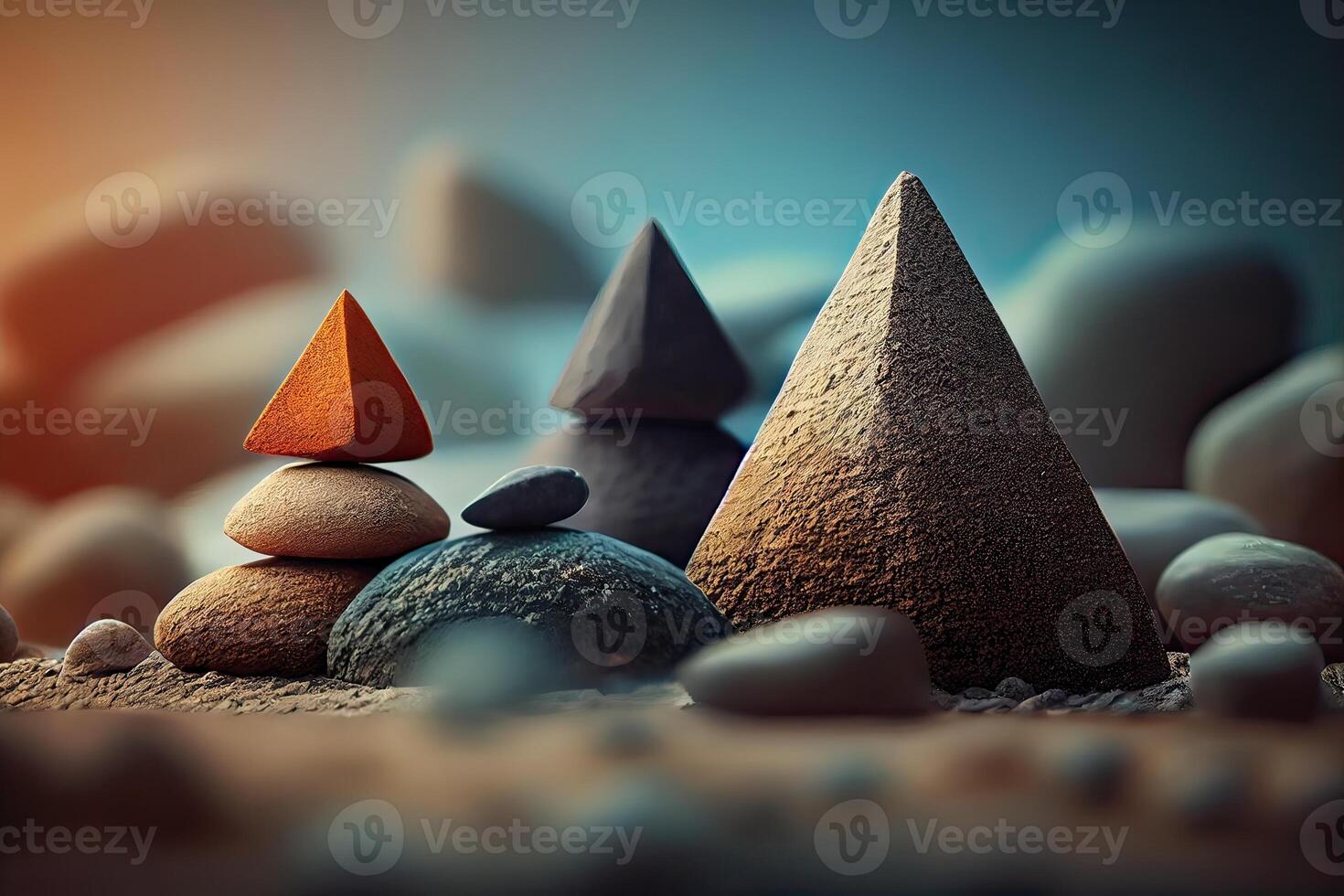 Stones Pyramid shape stacked in the forest. stack of stones forming apache as with a forest in the background. space for text. . photo