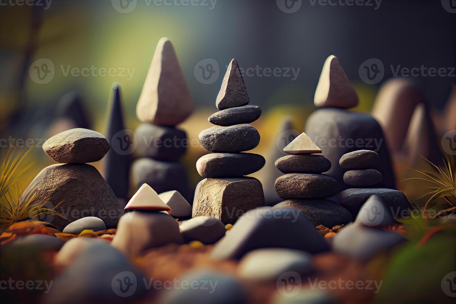 Stones Pyramid shape stacked in the forest. stack of stones forming apache as with a forest in the background. space for text. . photo