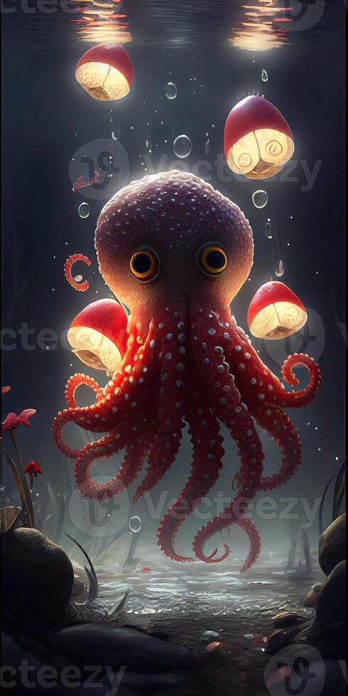An octopus with an almost red and pink marbled skin moves among brown coral in an ocean shallow. The creatures tentacles whip around as it scuttles through the aquatic landscape. . photo