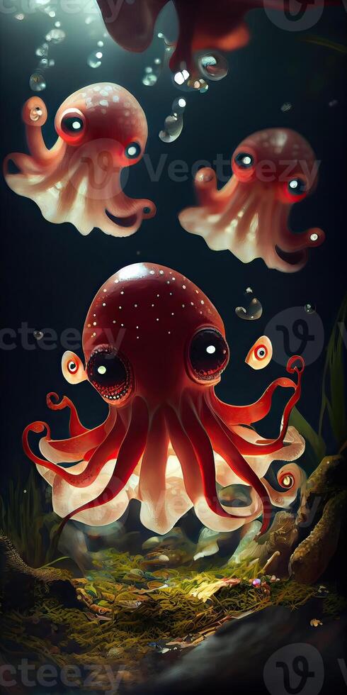 An octopus with an almost red and pink marbled skin moves among brown coral in an ocean shallow. The creatures tentacles whip around as it scuttles through the aquatic landscape. . photo