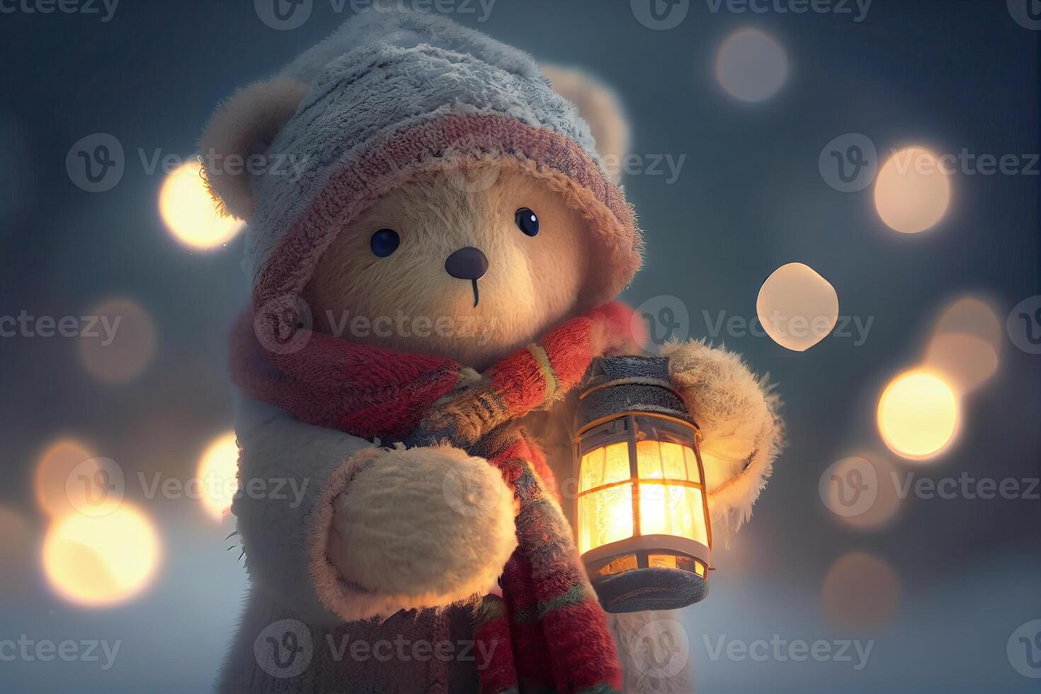 The toy bear was left in the winter at the children's playground. A cute brown bear sitting alone on the snow during winter time. photo