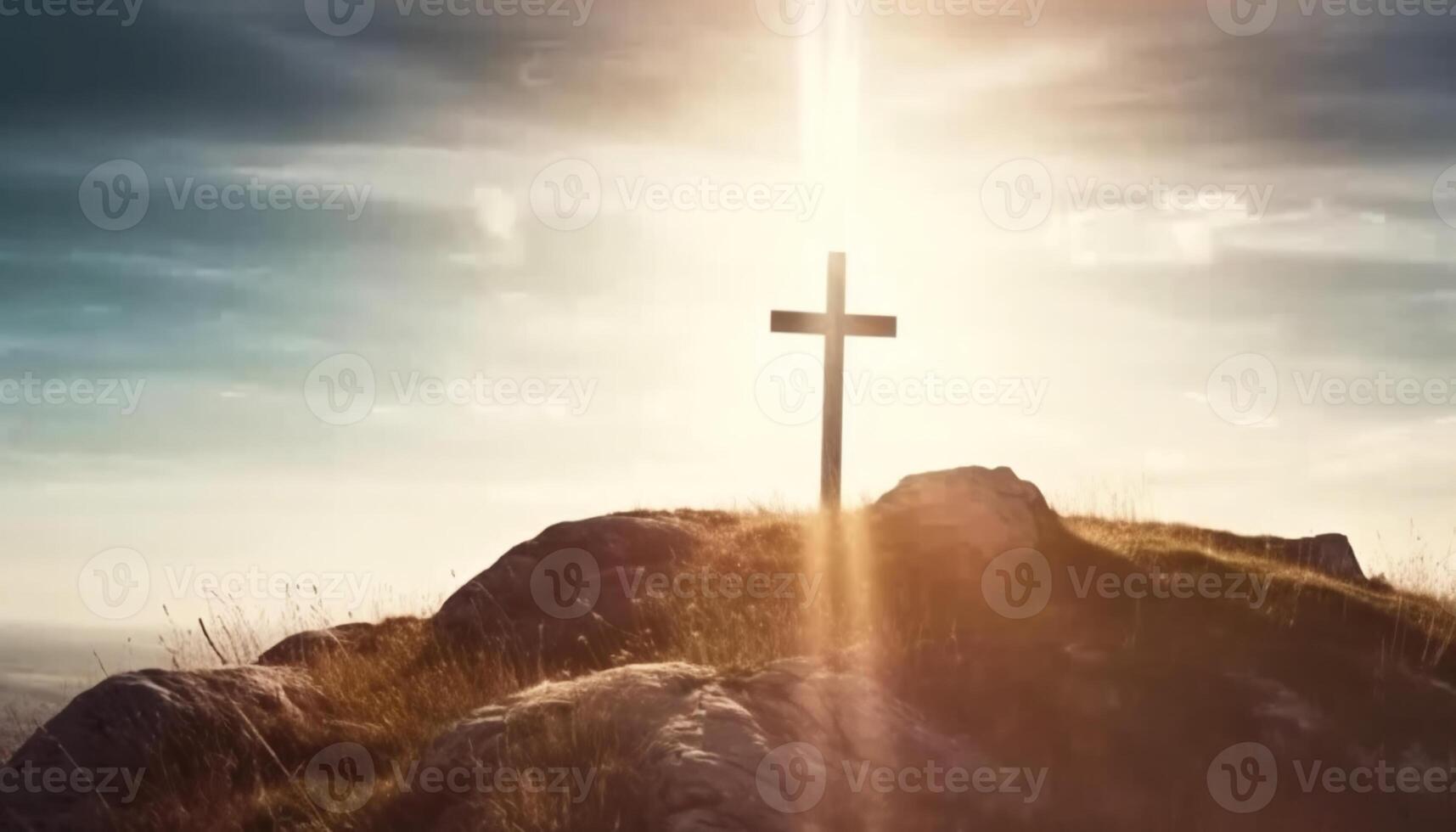 Silhouette of Christian cross in at the hill peace and spiritual symbol of Christian people. Inspiration, resurrection hope and concept. photo