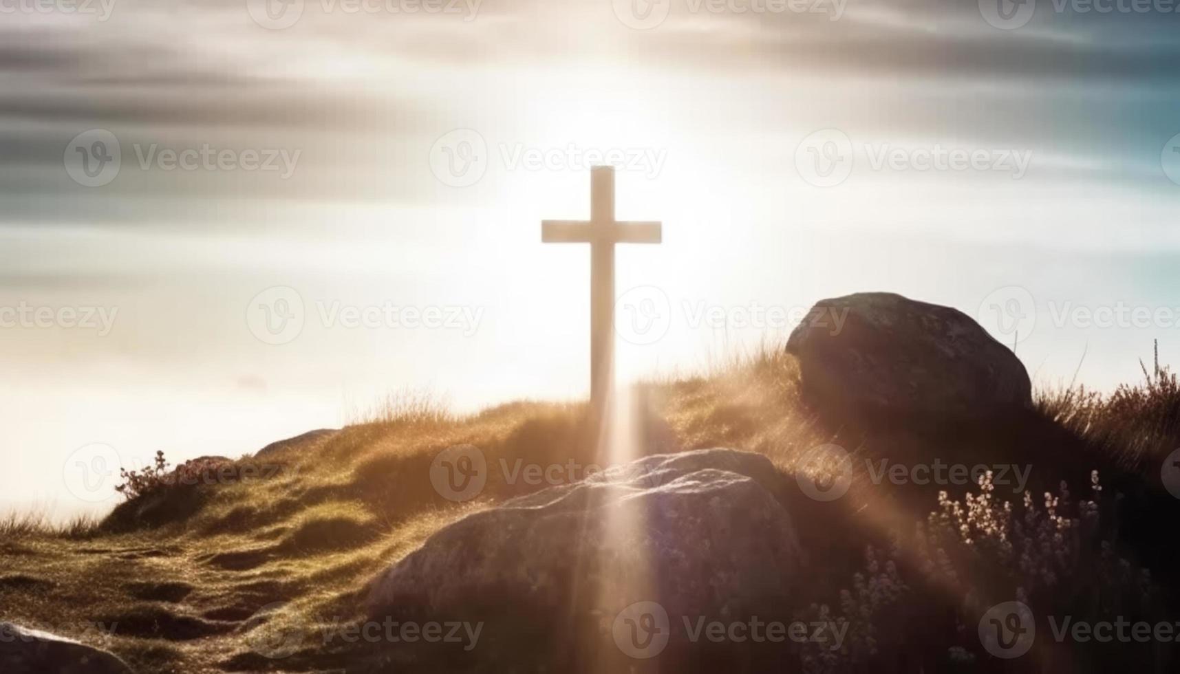 silueta de cristiano cruzar en a el colina paz y espiritual símbolo de cristiano gente. inspiración, Resurrección esperanza y concepto. foto