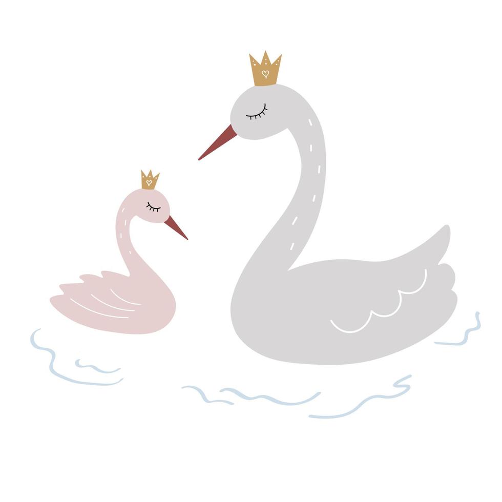Swan lake.Illustration of mother swan with baby swan. Baby shower greeting, newborn happy birthday. For poster, postcard, design element. Flat cartoon illustration on isolated background. Vector