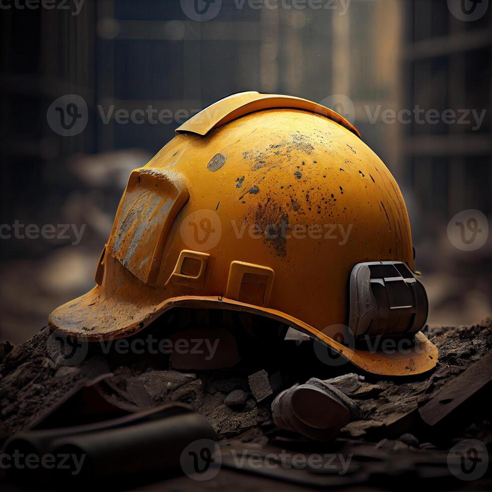 Construction concept. closeup yellow construction helmet in the construction site background. helmet in construction site and construction site worker background safety first concept. photo