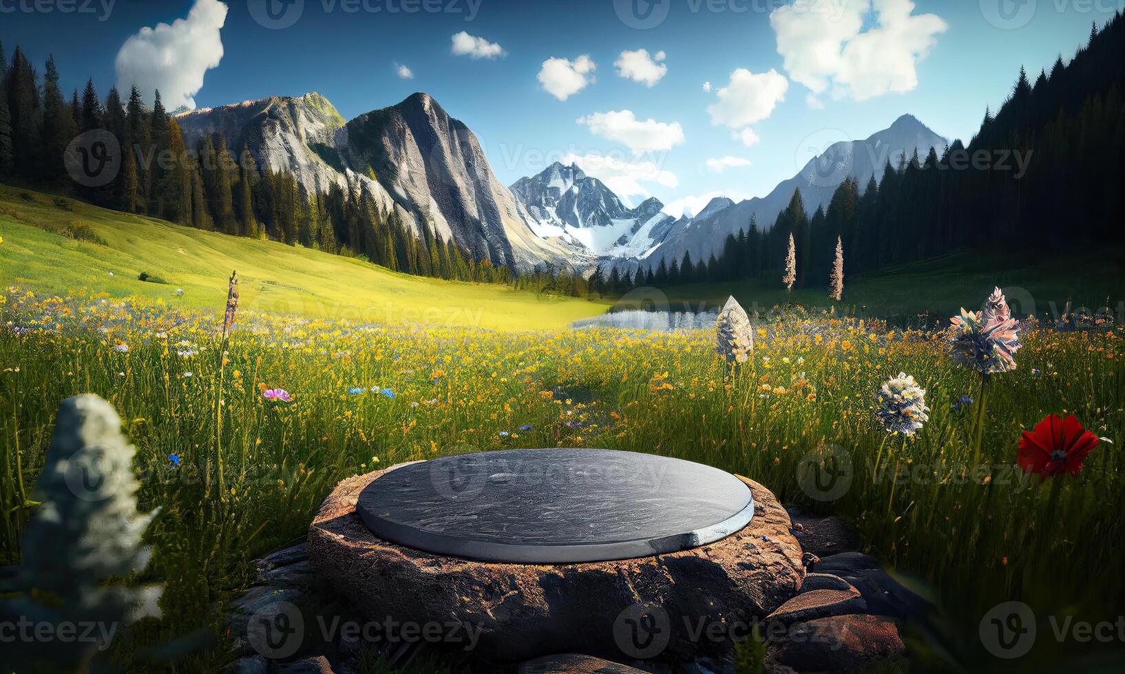 Natural stone and concrete podium in front of mountain view. Empty showcase for packaging product presentation. Background for cosmetic products, the scene with a beautiful view. photo