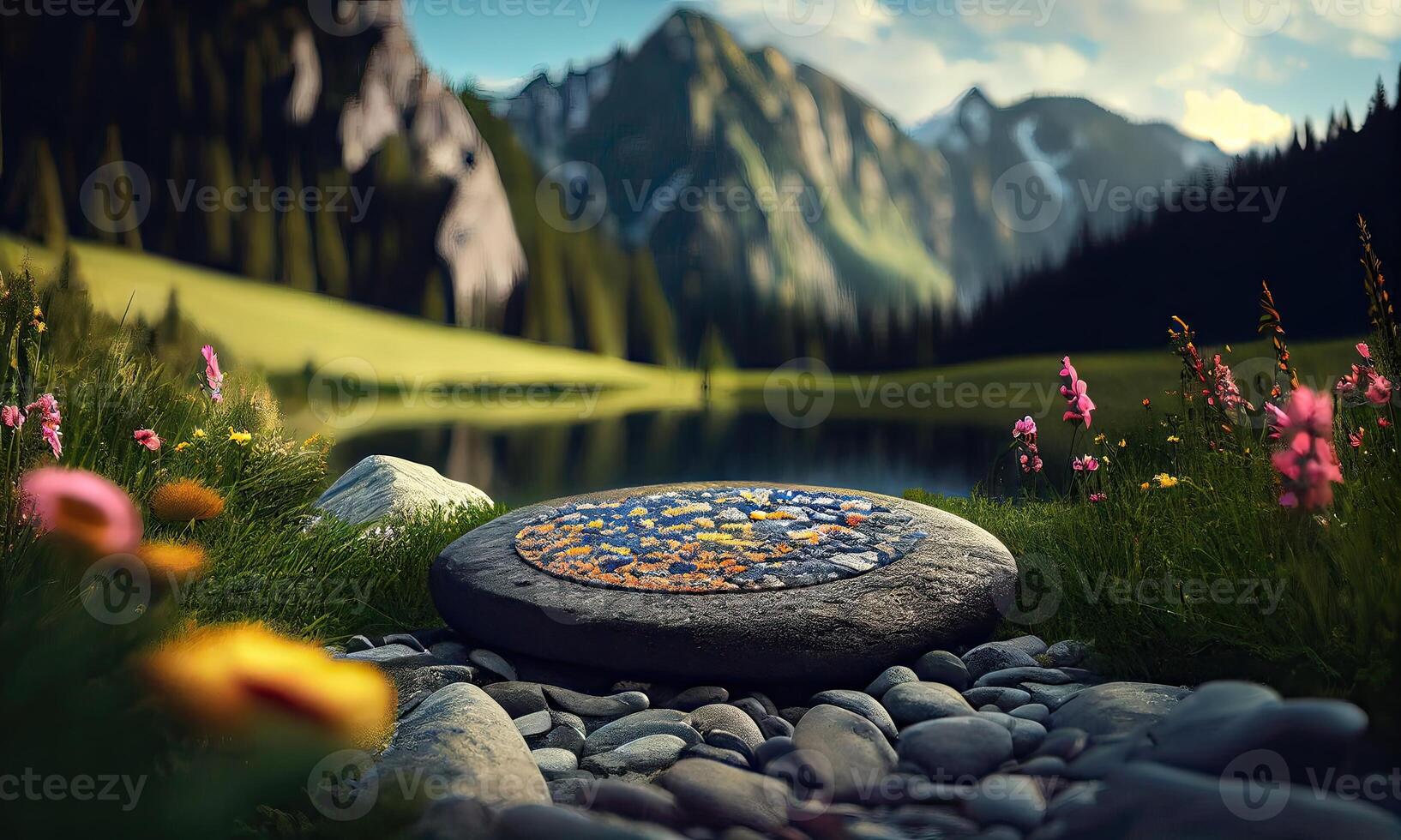 Natural stone and concrete podium in front of mountain view. Empty showcase for packaging product presentation. Background for cosmetic products, the scene with a beautiful view. photo