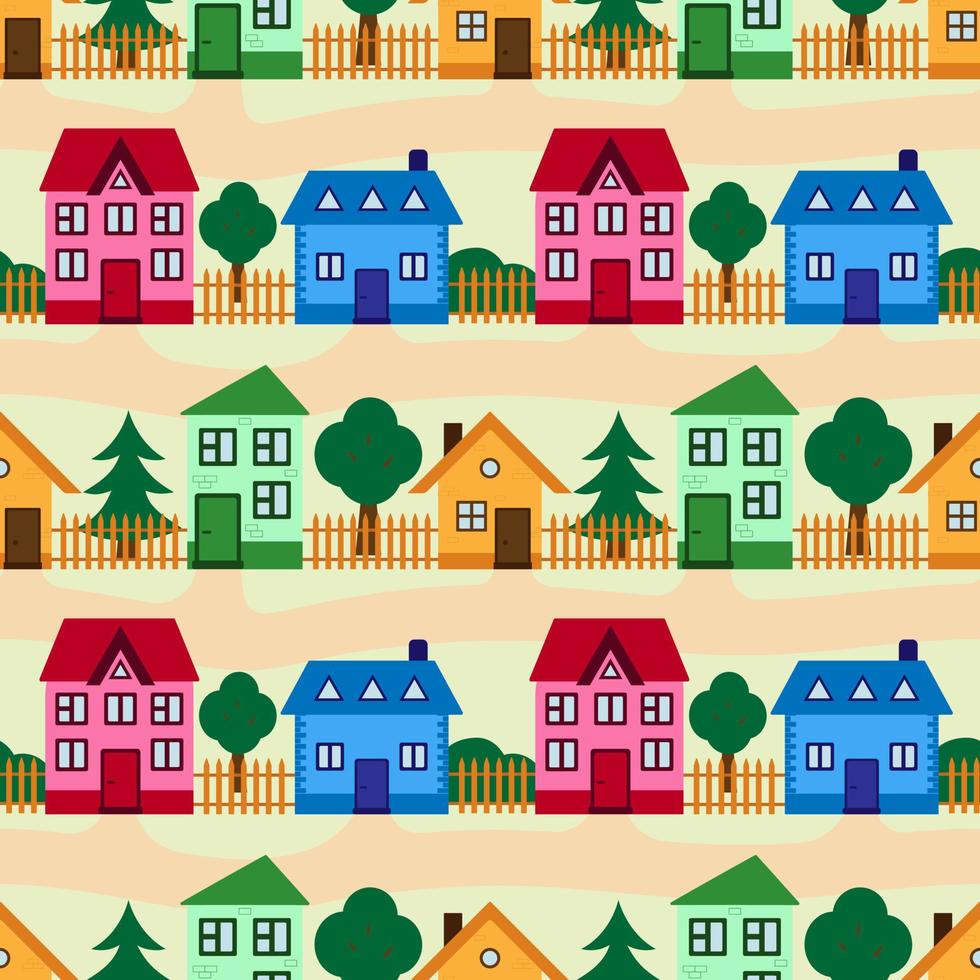 Vector seamless pattern. Colorful houses with roads. Children's design.