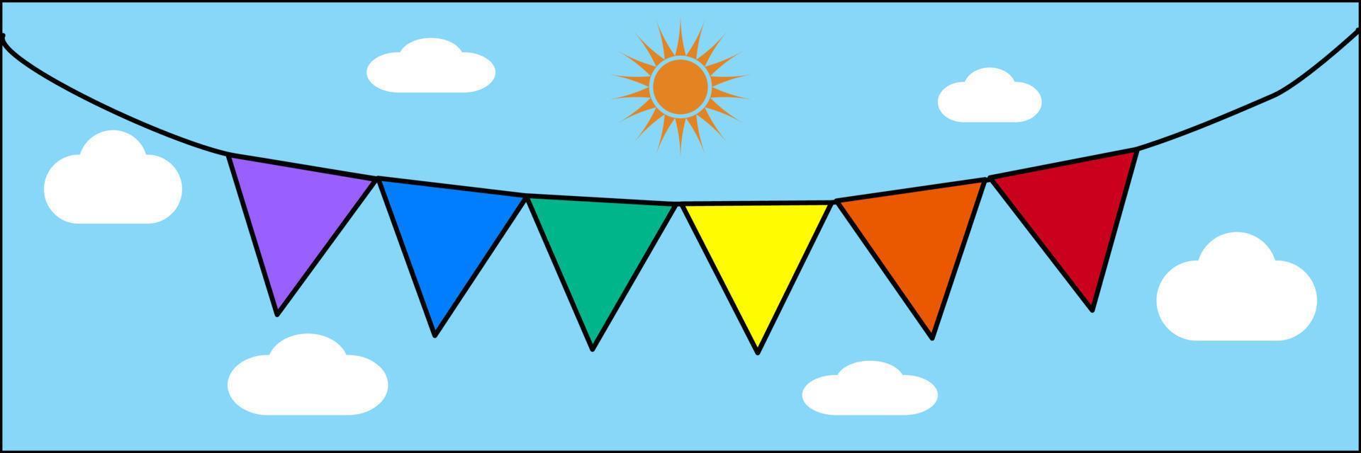 Rainbow bunting banner garland with brightly blue sky, white clouds and the sun background, pride flags. vector