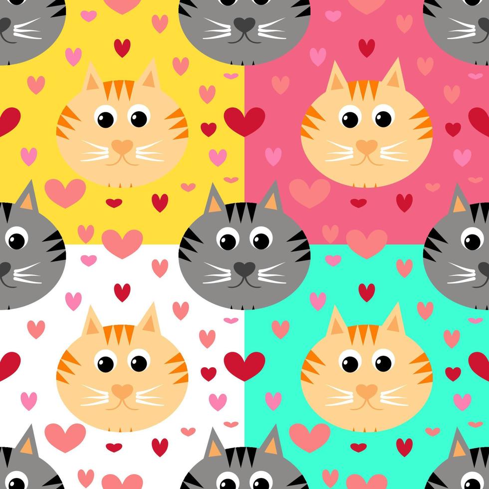 Set of vector, Seamless pattern cat head with heats cartoon  hand drawing for background, wallpaper, wrapping. vector