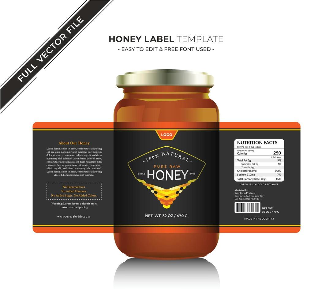 Honey label design and honey design natural pure honey bee label with vector new honey jar label product sticker design creative and modern packaging gold honey black label  organic honey food.