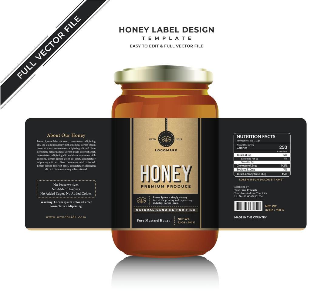 Honey label design and honey jar label natural pure honey bee vector new honey jar bottle label  product sticker design creative and modern packaging gold honey black label organic honey food tag.