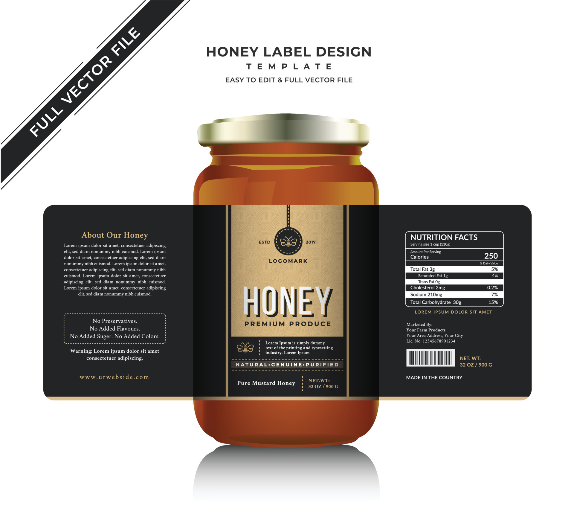Honey label design and honey jar label natural pure honey bee vector