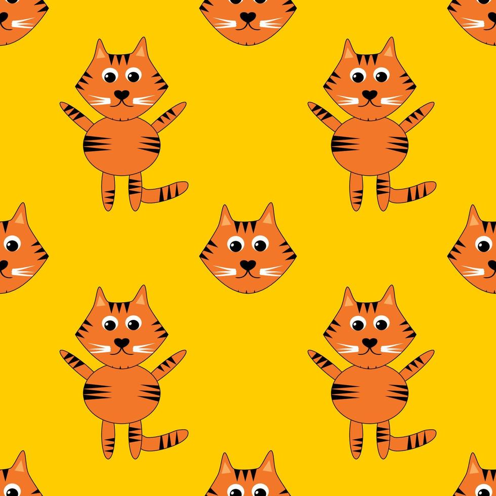Seamless pattern, Hand drawing tiger, striped cat on the yellow background, vector illustration