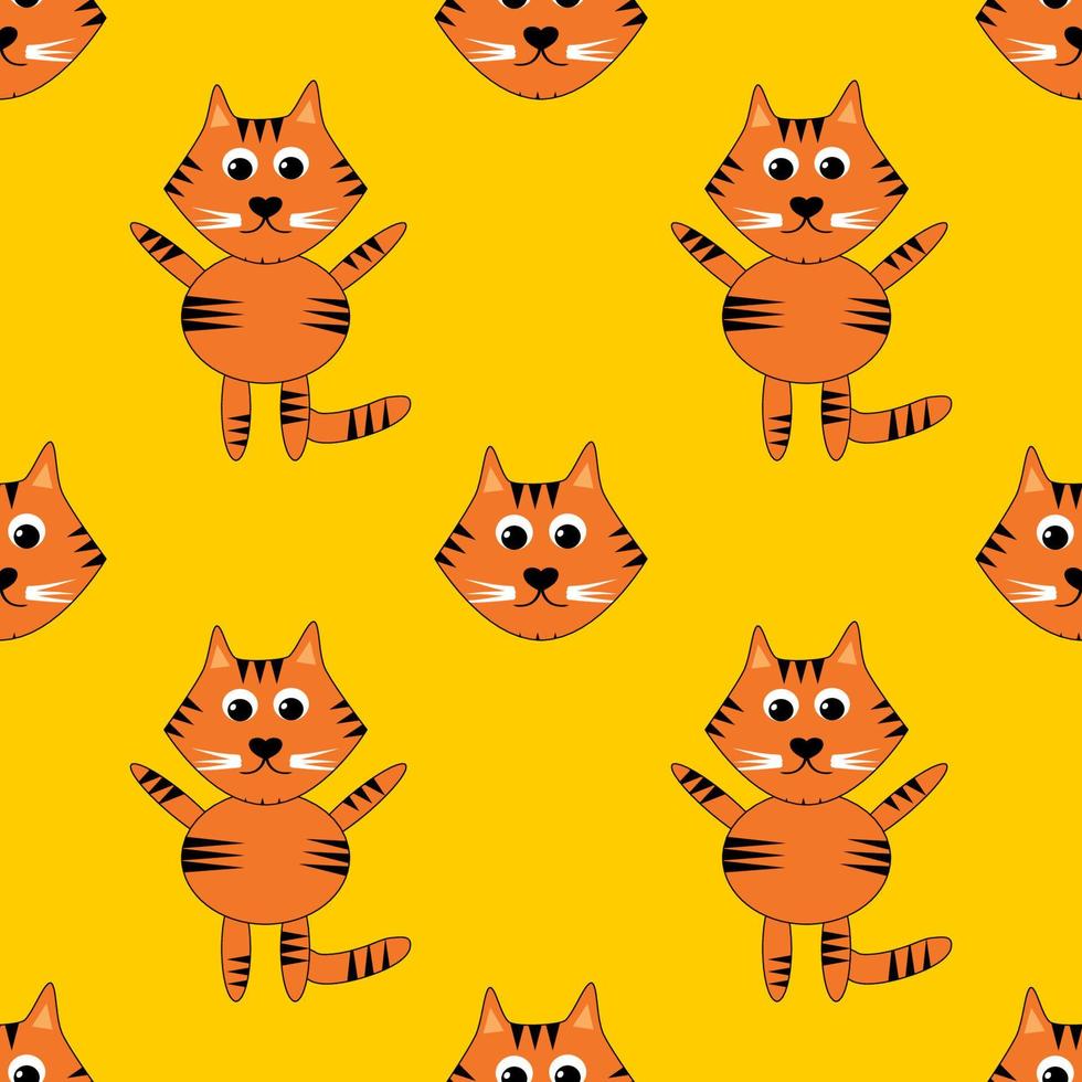 sin costura patrón, mano dibujo tigre, a rayas gato en el amarillo fondo, vector ilustración