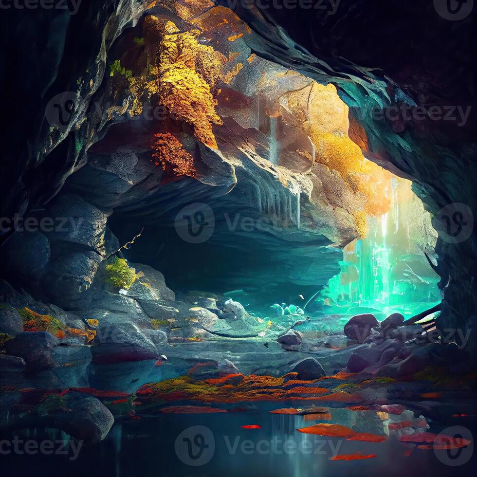 Abstract colorful stone cave background. Rock formations on the arches and walls of the hall in the cave. archeology. colorful. photo