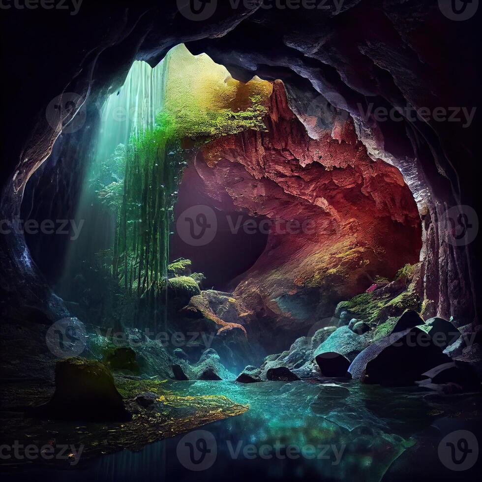 Abstract colorful stone cave background. Rock formations on the arches and walls of the hall in the cave. archeology. colorful. photo