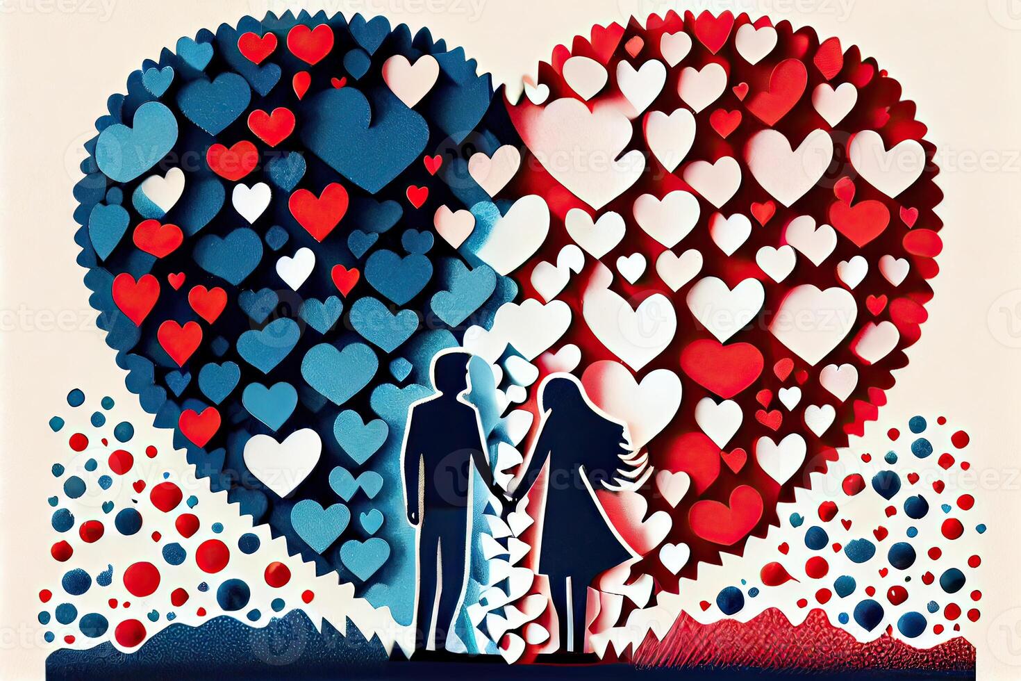 Love togetherness and romance concept. Young loving couple. illustration couple created from a love heart icon. Couple on the background of the heart. photo