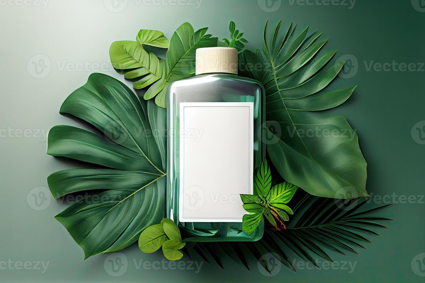 Minimal abstract cosmetic background for product presentation. Cosmetic bottle podium and green palm leaf background. 3d render illustration. . photo