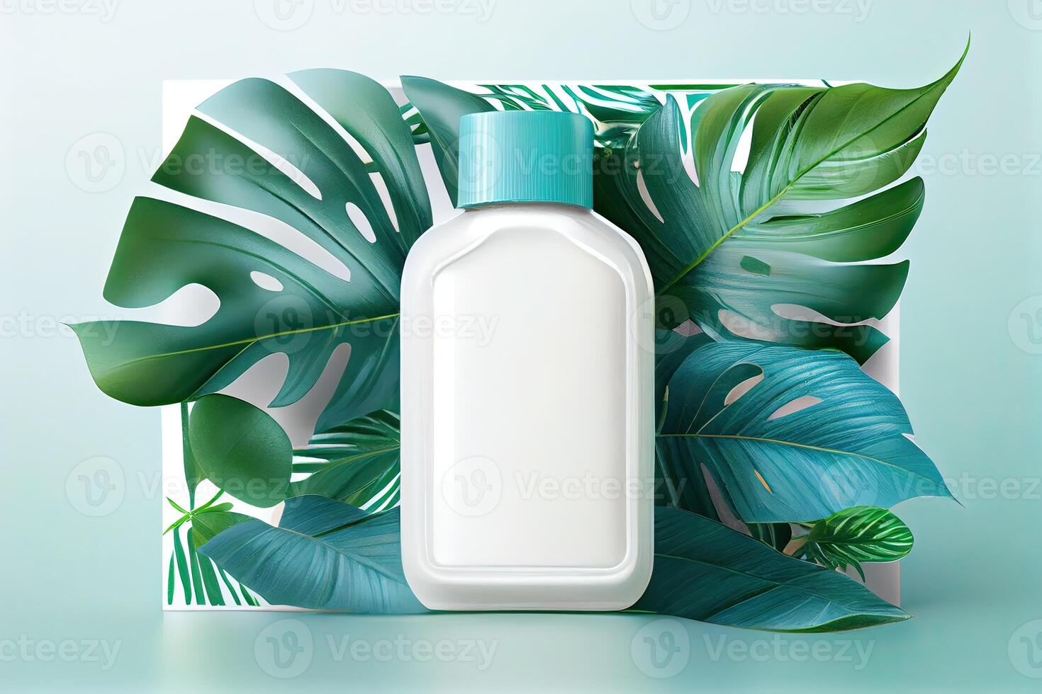 Minimal abstract cosmetic background for product presentation. Cosmetic bottle podium and green palm leaf background. 3d render illustration. . photo