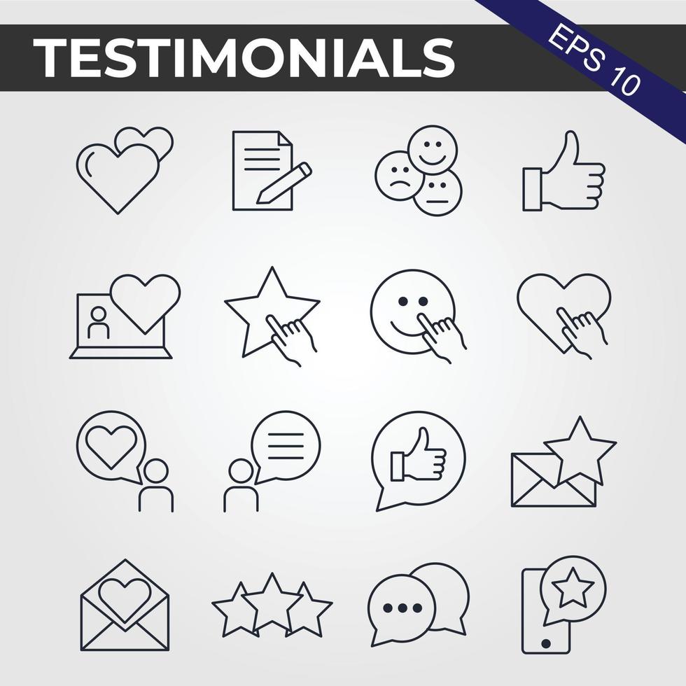 16 Simple Set of Testimonials Related Vector Line Icons. Contains such Icons as Customer Relationship Management, Feedback, Review, Emotion symbols and more.