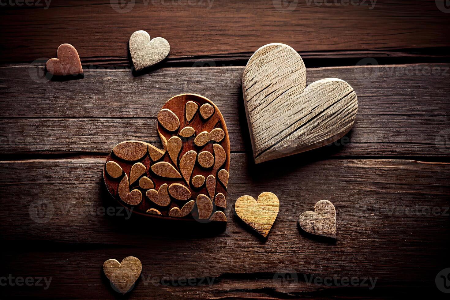 Colorful heart shape wooden on wooden background. Valentine's day colorful heart shape on old wood background. Holidays background. Card for love. . photo