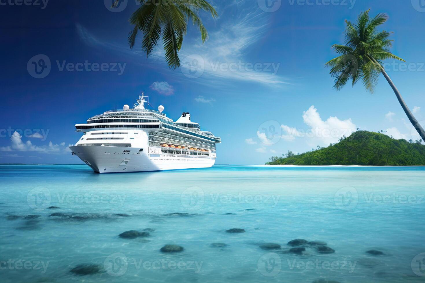 Large cruise ship in tropical landscape. Tourism vacation and summer traveling. photo