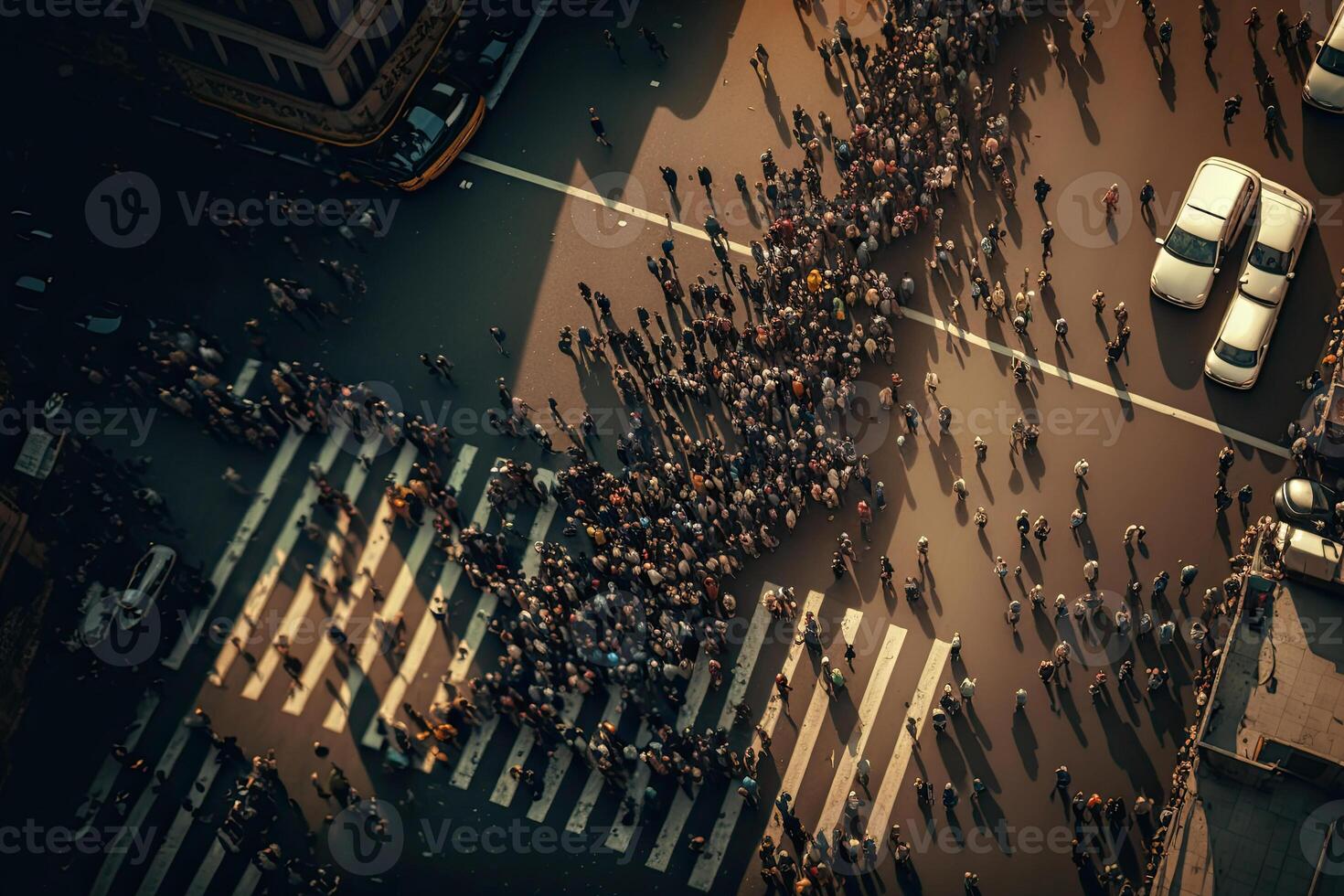 personas caminando a ciudad calle, aéreo vista. protestando multitud. generativo ai foto