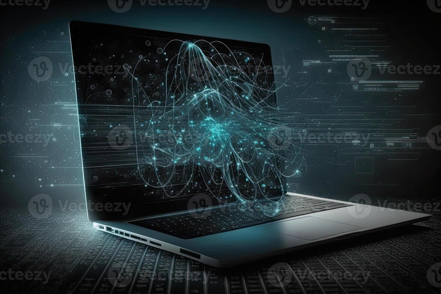 Digital data and network connection on laptop screen. Big data analysis. photo