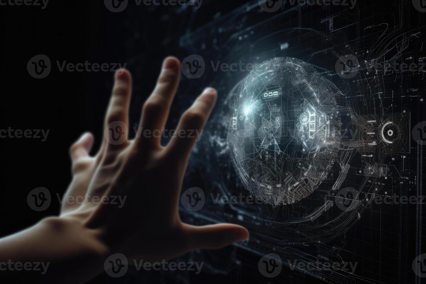 Hand touching digital data network. Communication with artificial intelligence. photo