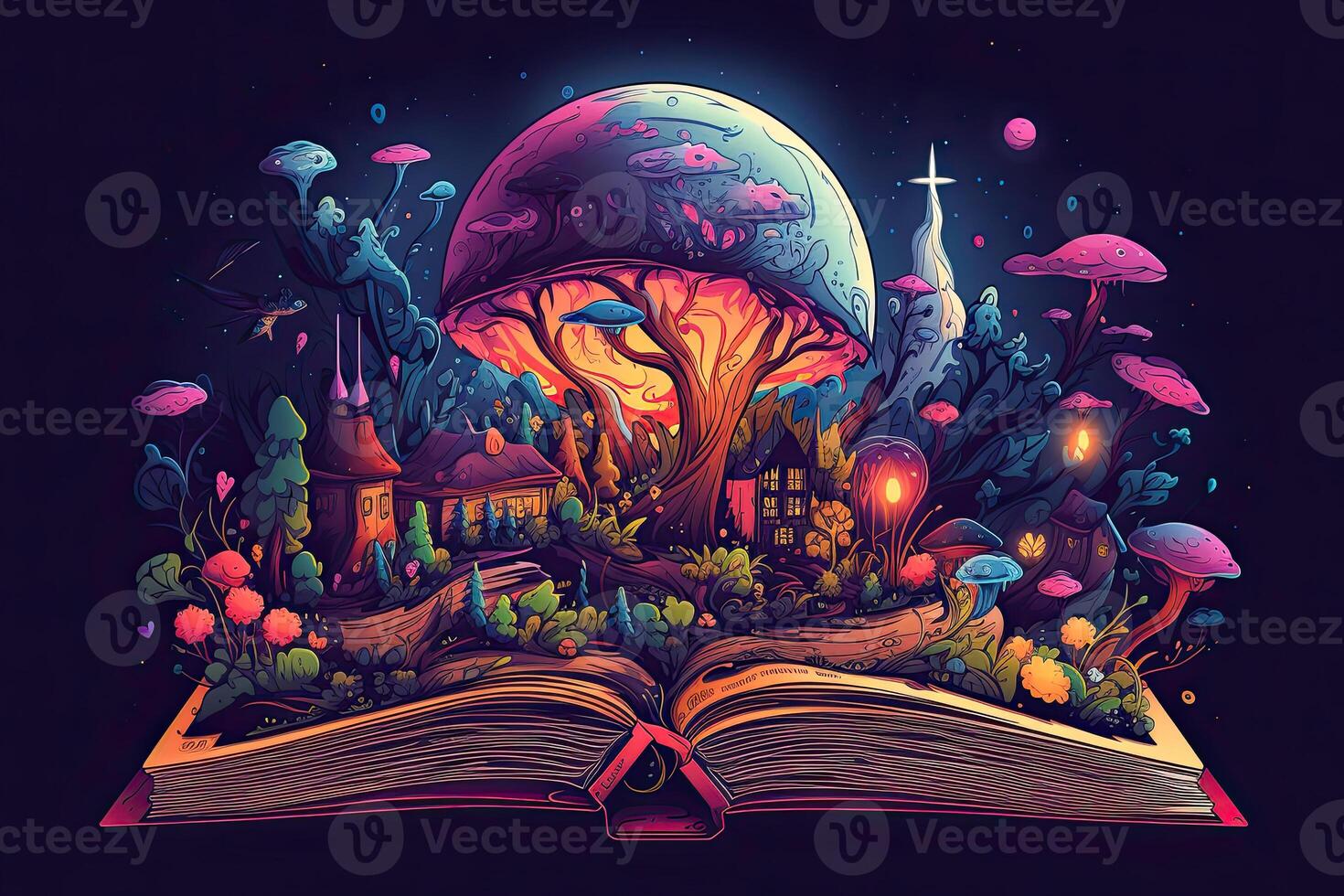 Open magical book with fantasy landscape over pages. Created with photo