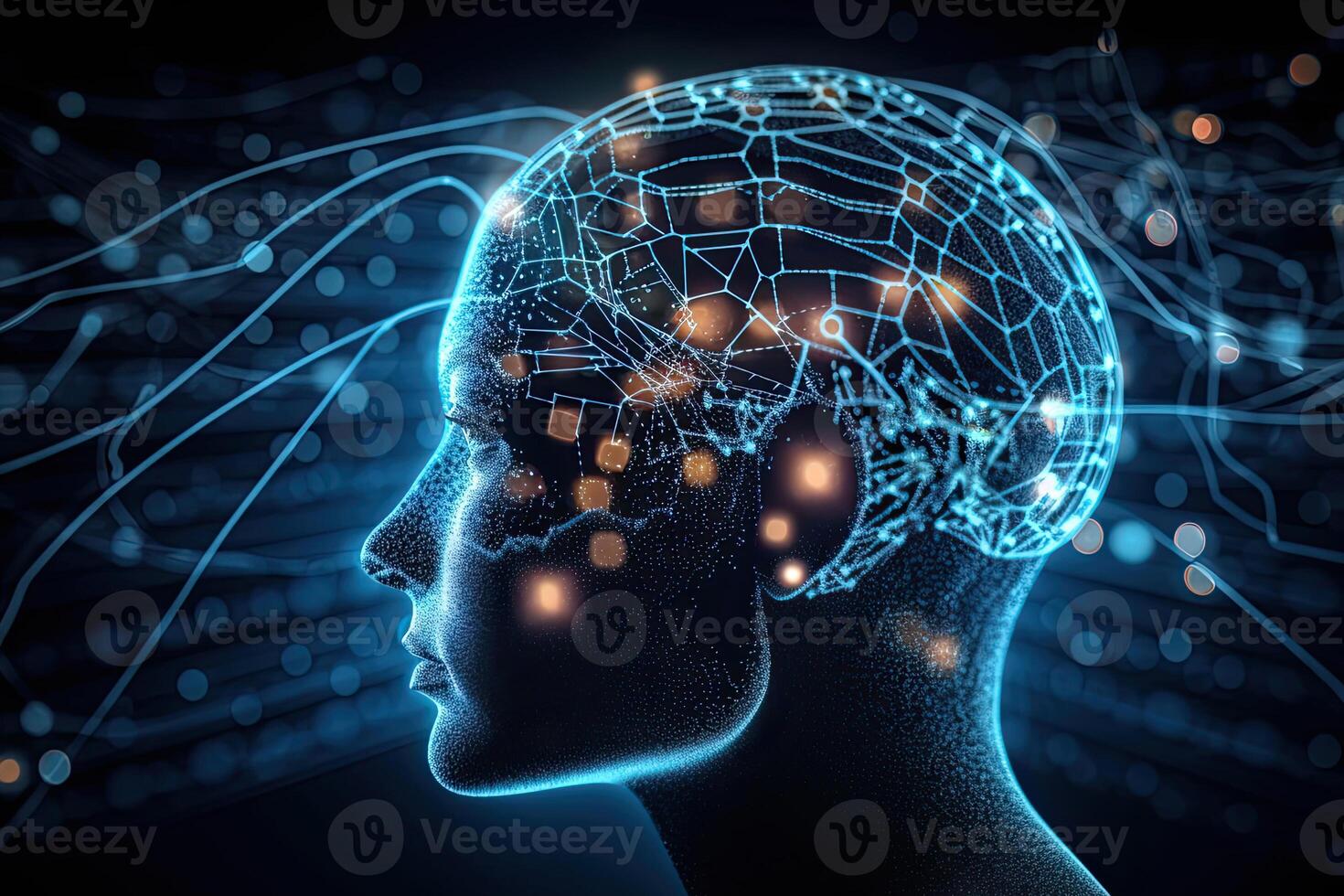 Human head silhouette with neural connection. Thinking process. photo
