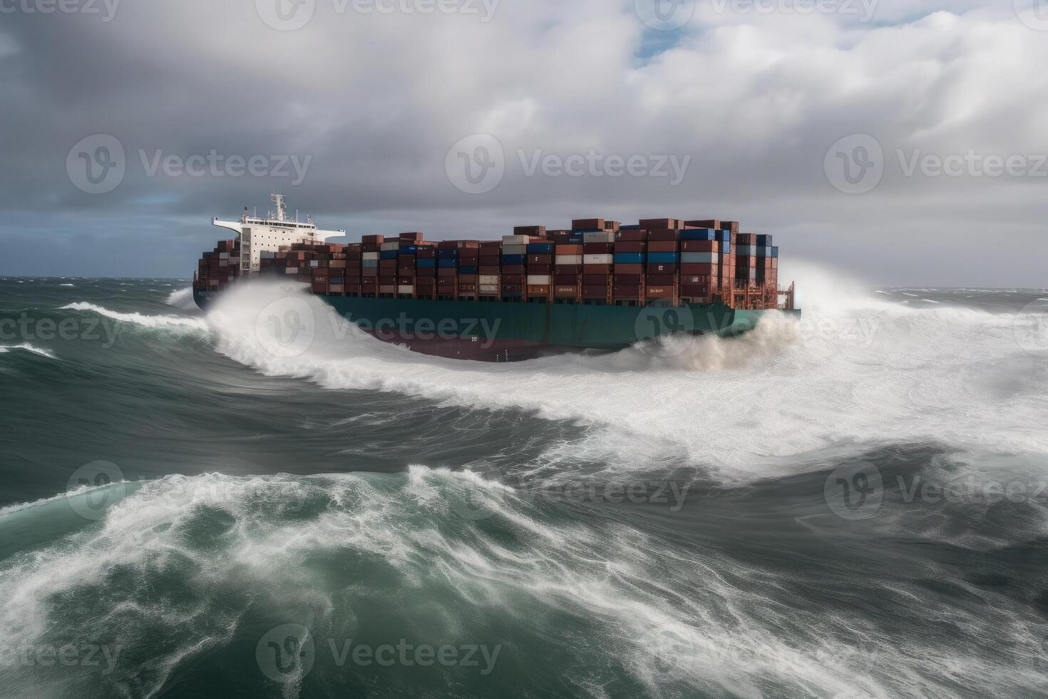 Wrecked cargo ship with conatiners in stormy sea with large waves. photo