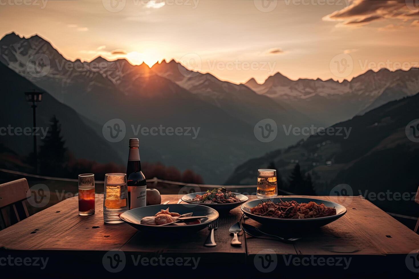 romántico cena con ver de montaña a puesta de sol. generativo ai foto