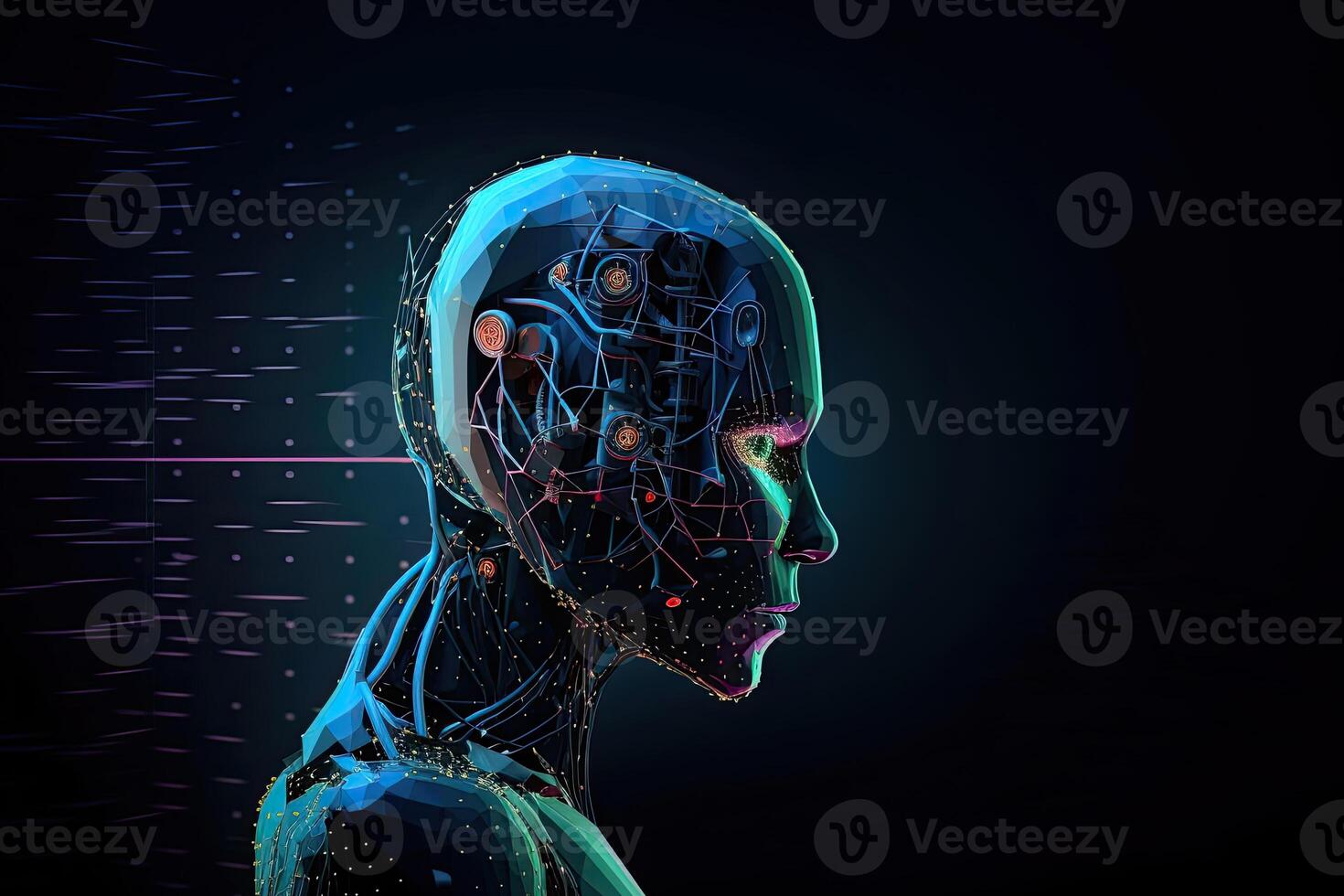 Android on dark background with neurals connection. photo
