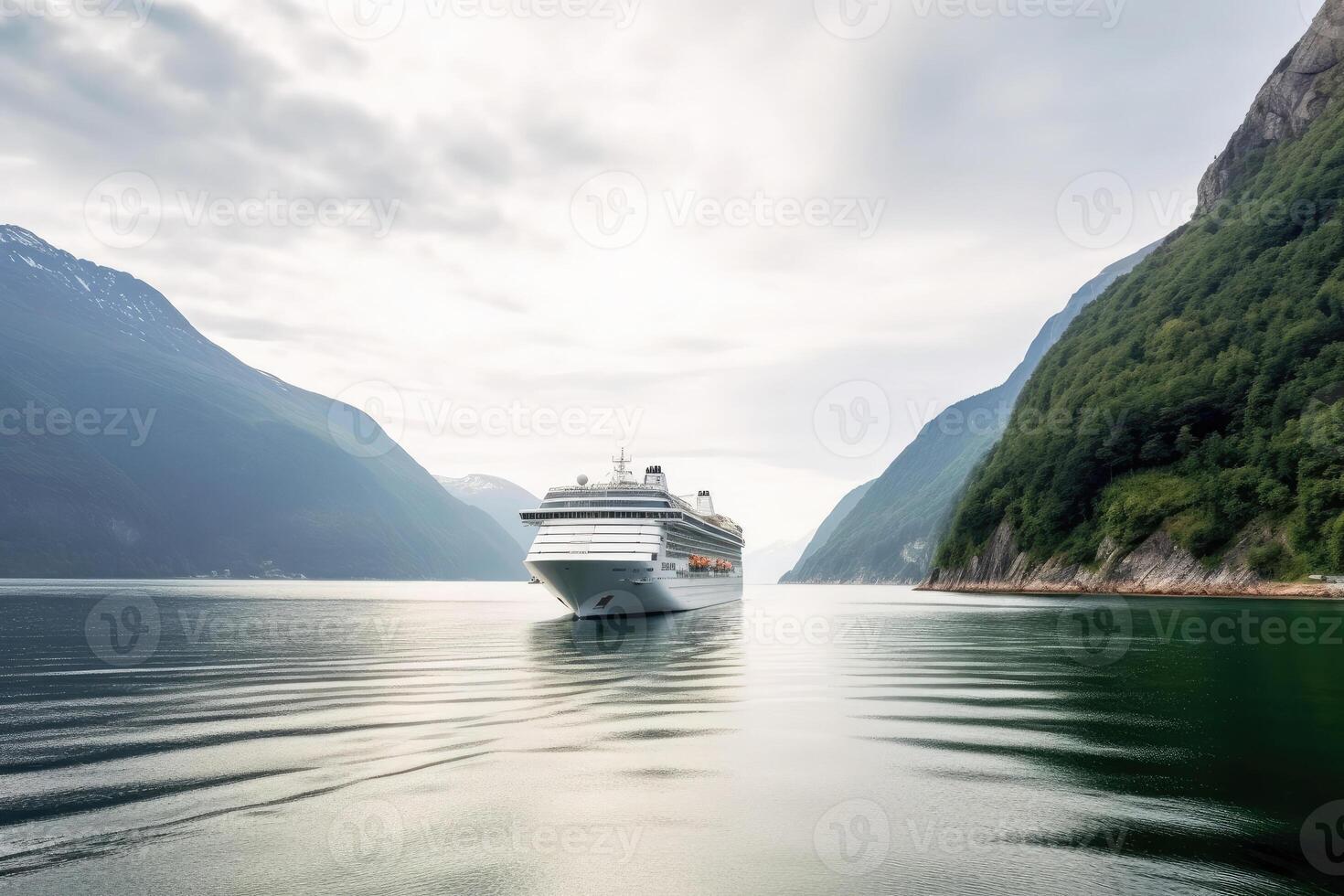 grande crucero Embarcacion en fiordos turismo vacaciones y verano de viaje. generativo ai foto